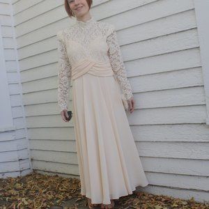 Sheer Lace Dress 80s Formal Pale Chiffon Honey S